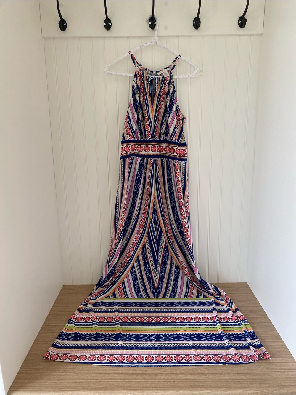 London Times Striped Halter Maxi Dress in Navy, Red & Cream